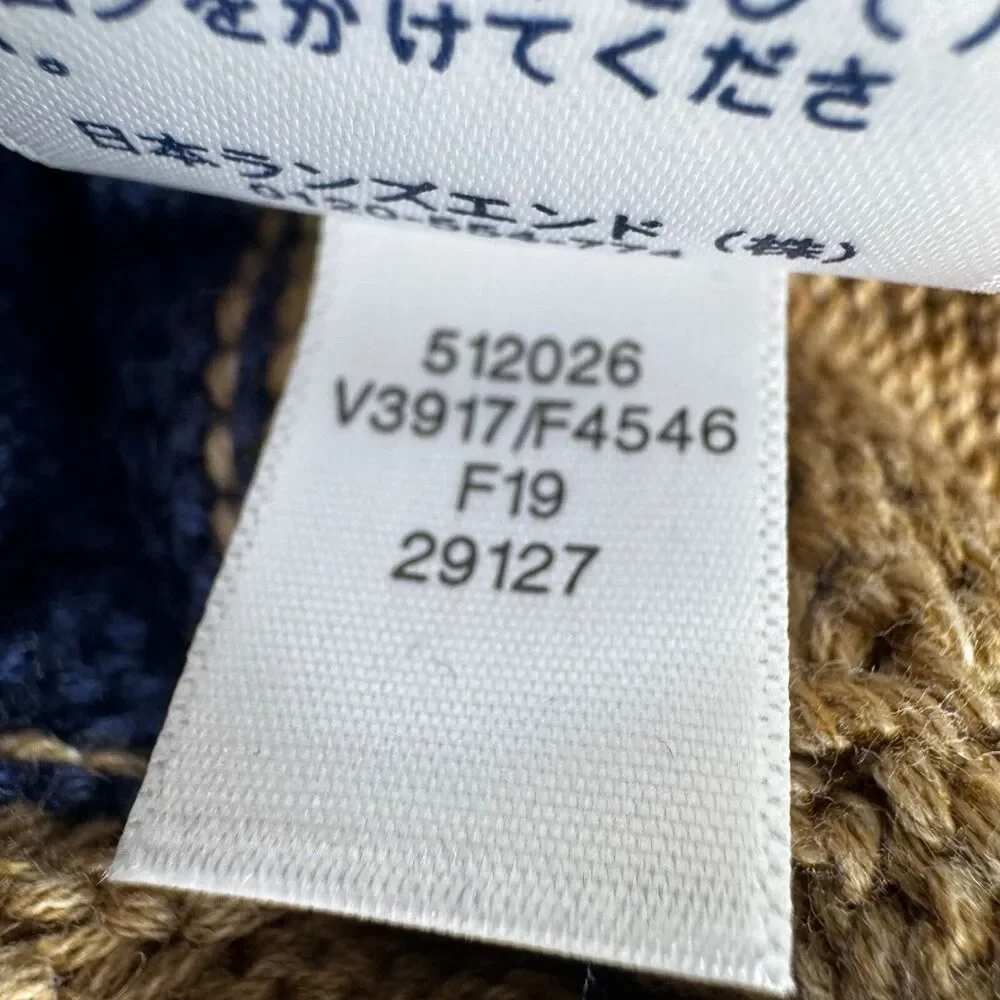 Lands End Women Drifter Sweater Medium Blue Tan Stripe Braided Cable Knit Preppy